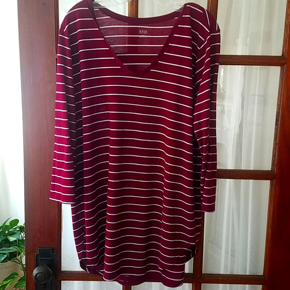 A.N.A. XXLT burgundy striped 3/4 sleeve top